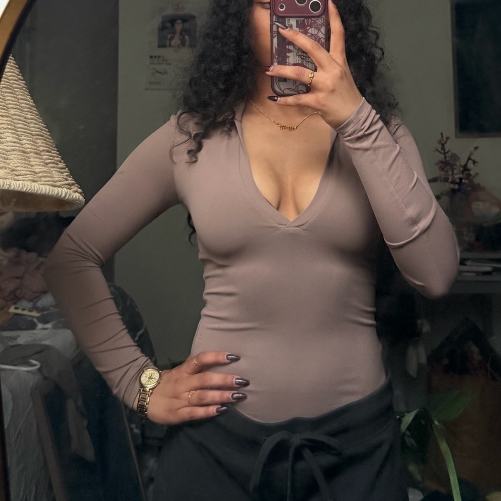 Babaton Aritzia Long-Sleeve Deep V-Neck Fitted Top - Taupe